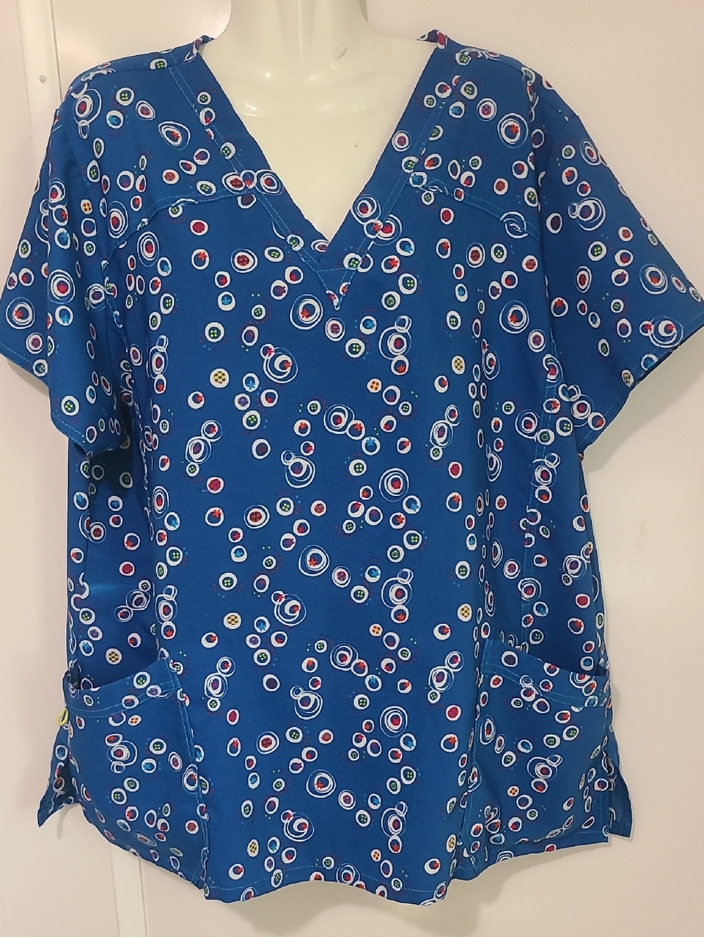 WonderWink Royal Blue V-Neck Tunic with Multicolor Dot Circles